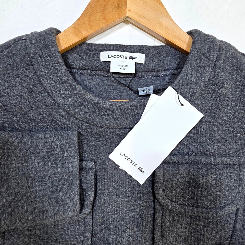 Lacoste Quilted Sweatshirt Womens 2 Gray Flap Pocket Crewneck SF5459 Sporty Chic